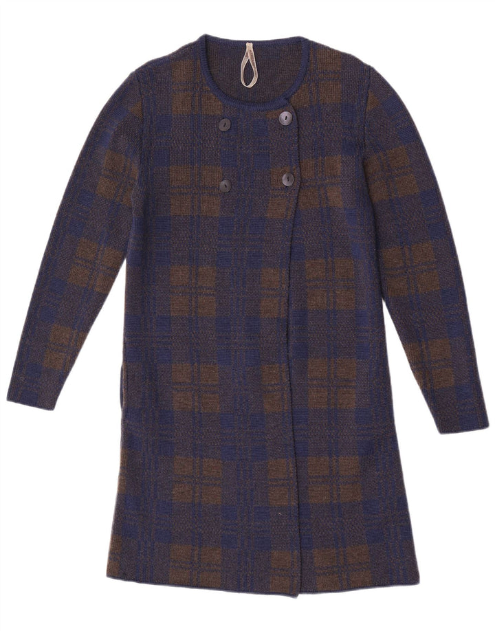 Vintage Damen Longline Cardigan Pullover UK 14 Medium Navy Blue Check