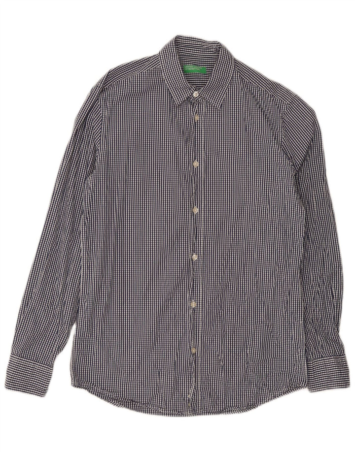 Benetton Herrenhemd aus mittelblauer Gingham-Baumwolle