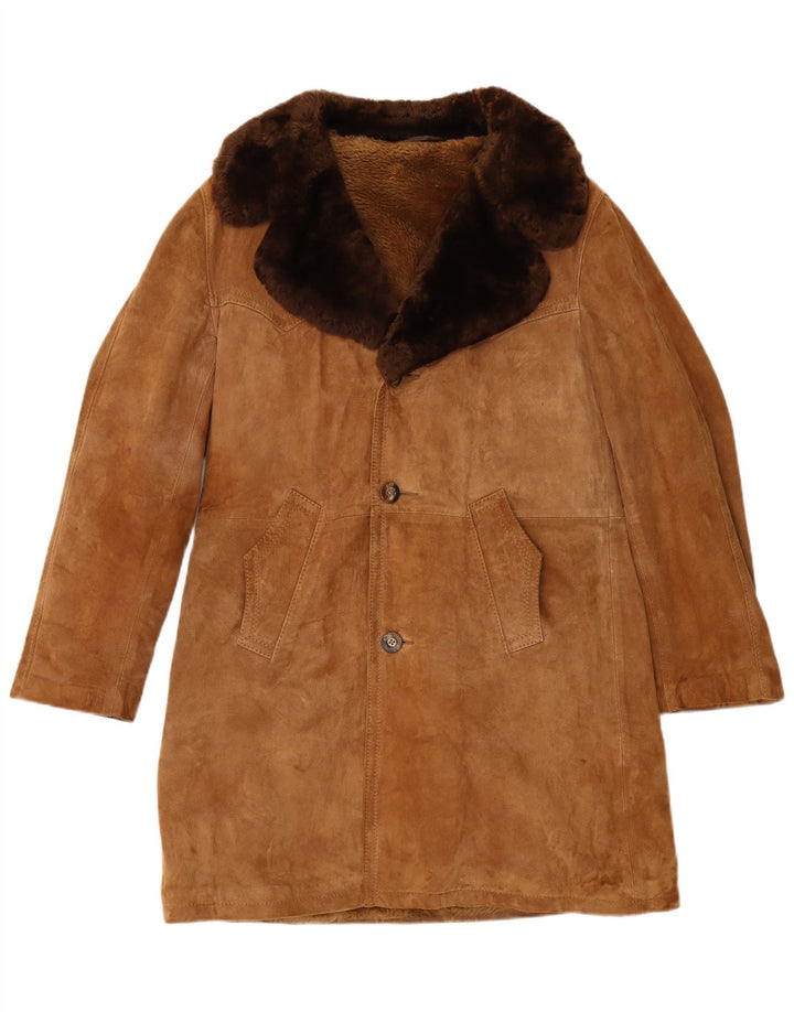 Vintage Herren Shearling Overcoat IT 48 Mittelbraunes Leder