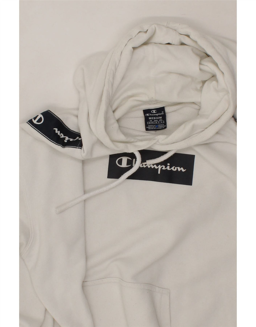 CHAMPION Mens Graphic Hoodie Jumper Medium White Colourblock Cotton Vintage Champion and Second-Hand Champion from Messina Hembry 