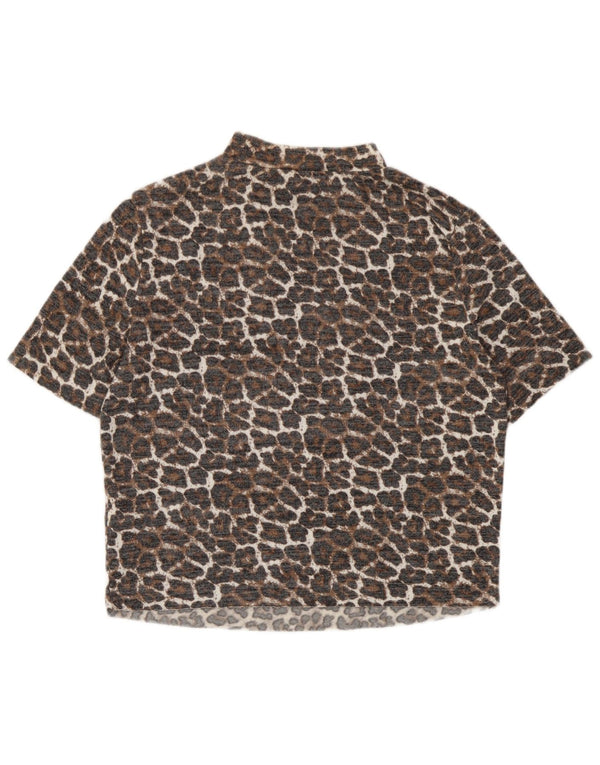 Zara Damen Trafaluc Crop Bluse Top UK 14 Large Beige Viskose mit Animal-Print