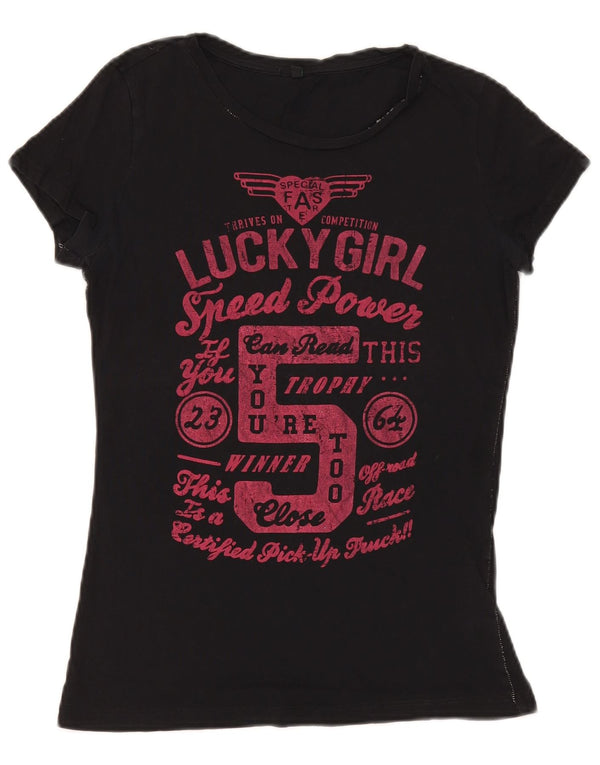 Benetton Womens Graphic T-Shirt Top UK 12 Mittelschwarze Baumwolle