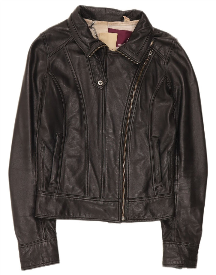 Ted Baker Damen Crop Leder Bikerjacke Größe 1 XS Schwarzes Leder