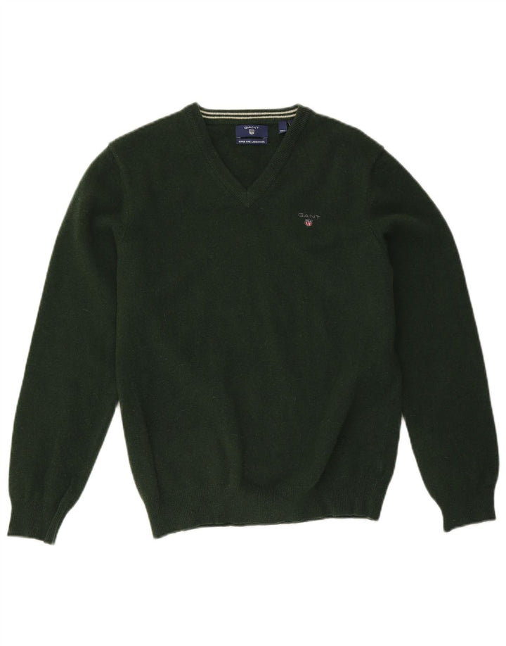 Gant Herren-Pullover mit V-Ausschnitt aus mittelgrüner Lammwolle