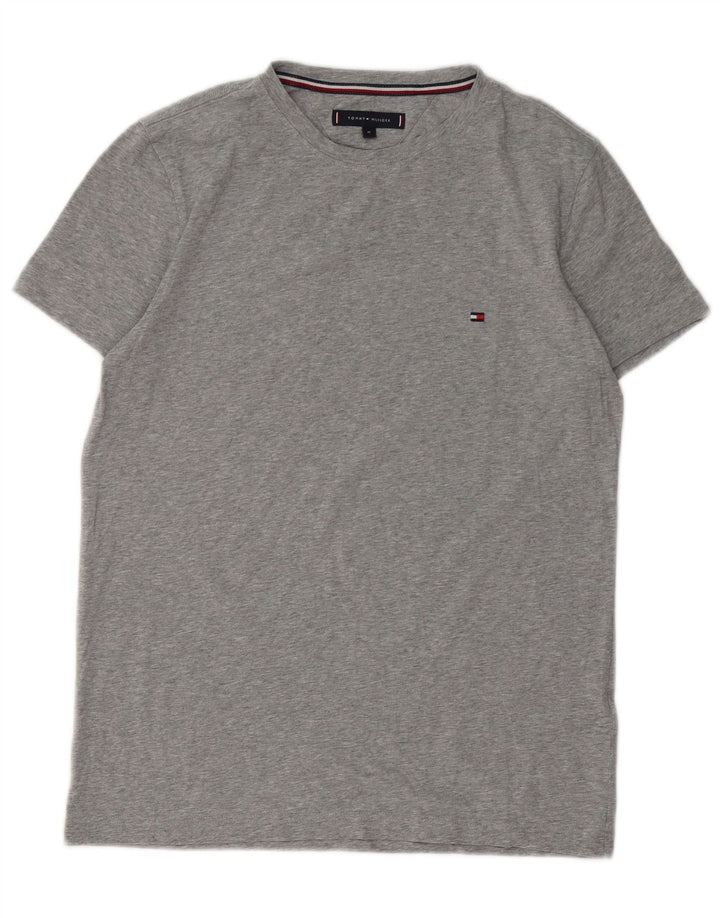 Tommy Hilfiger Herren-T-Shirt-Oberteil aus mittelgrau gefleckter Baumwolle
