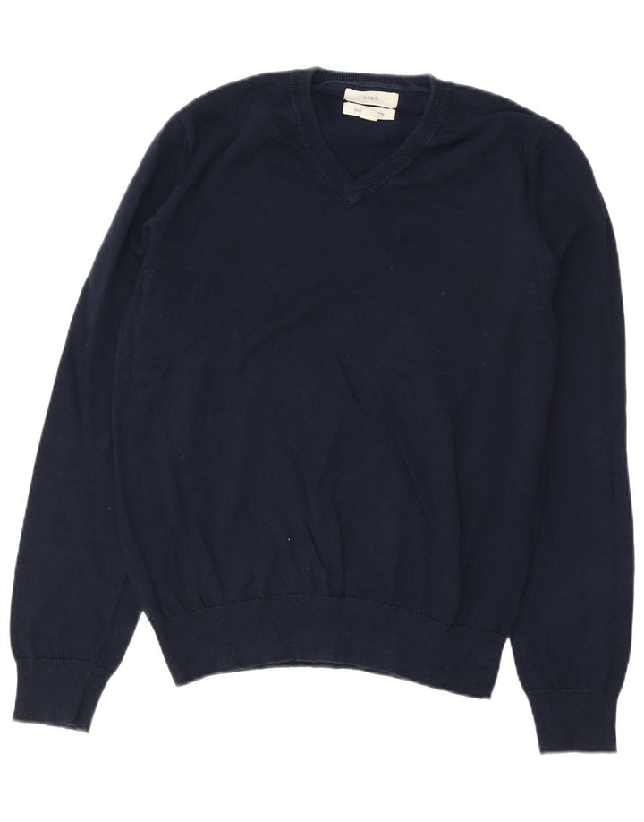 Marks & Spencer Herren-Pullover mit V-Ausschnitt aus mittelblauer Baumwolle
