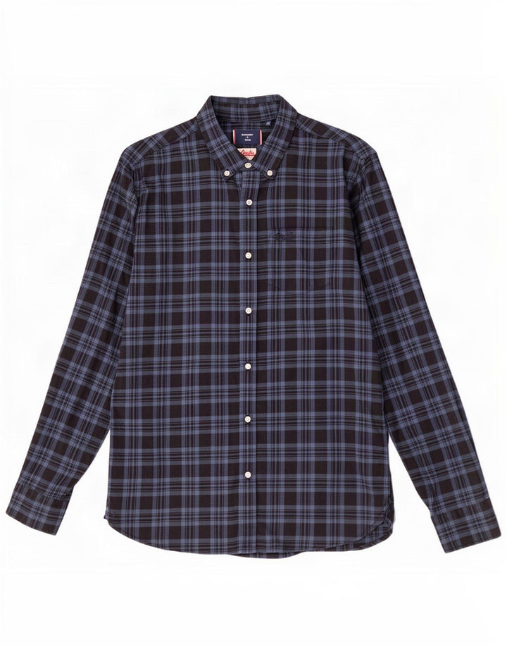 Superdry Herren-Flanellhemd, mittelblau, kariert, Baumwolle
