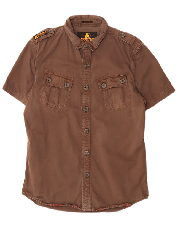 Superdry Herren-Kurzarm-Militärhemd, groß, braune Baumwolle, Army