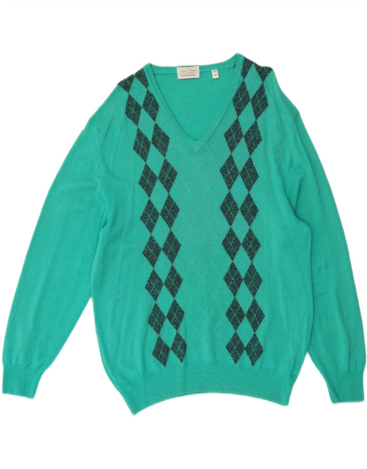 LES JACQUELINES Mens V-Neck Jumper Sweater Medium Turquoise Argyle/Diamond