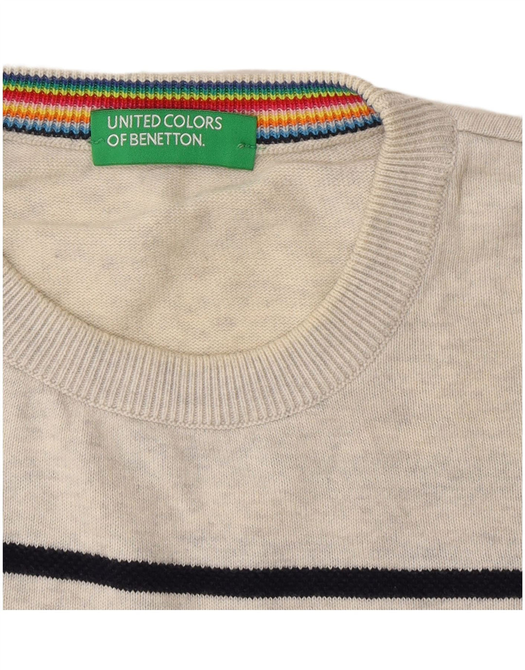 Benetton Herren-Pullover mit Rundhalsausschnitt, mittelgrau gestreift