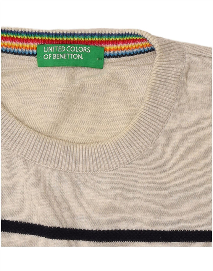 Benetton Herren-Pullover mit Rundhalsausschnitt, mittelgrau gestreift
