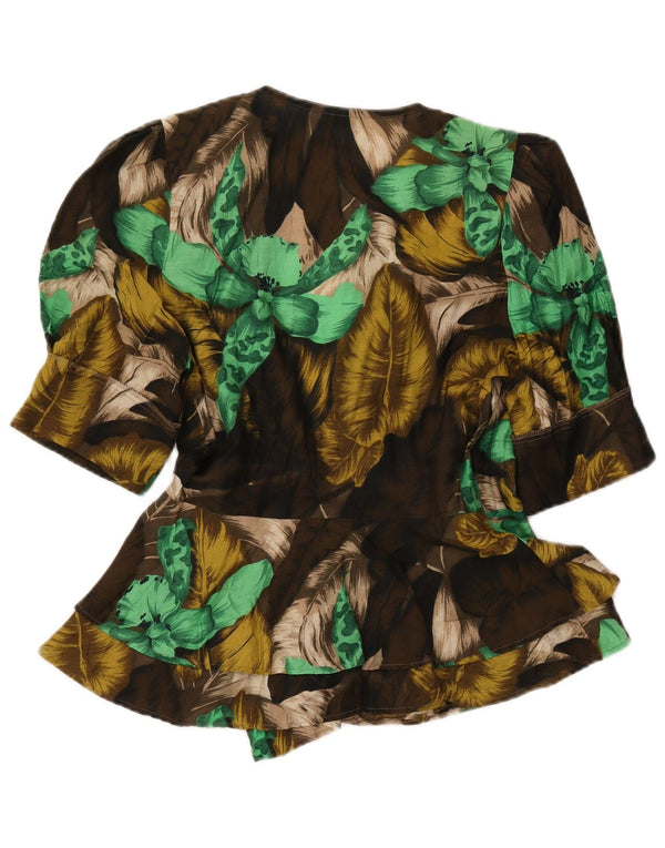 VINTAGE Damen Kurzarm-Hemdbluse IT 42 Medium Khaki Floral