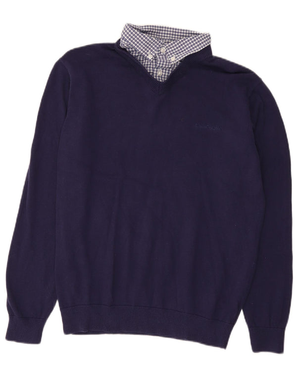 Pierre Cardin Mens V-Neck Jumper Sweater Small Navy Blue Cotton