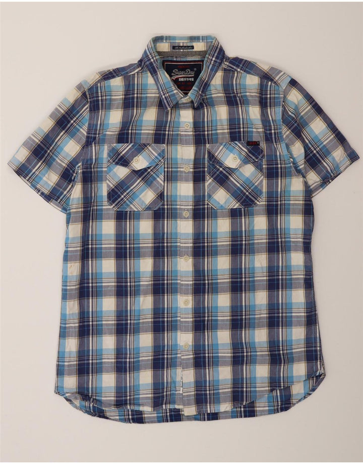 SUPERDRY Herren-Kurzarmhemd XL, blau kariert, Baumwolle