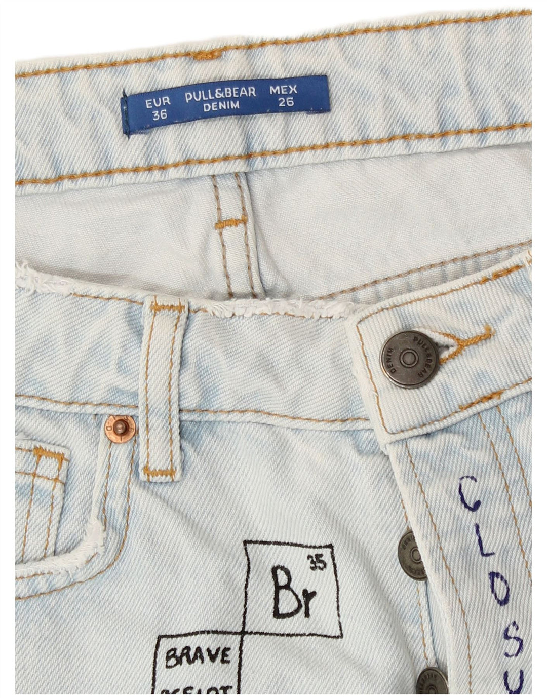 Pull & Bear Damen Denim-Shorts im Used-Look mit Grafik, EU 36, XS, W26, Blau