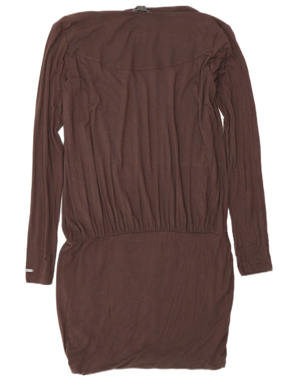 Guess Damen-Kleid mit langen Ärmeln und tiefer Taille, Größe 46, Braun, Viskose