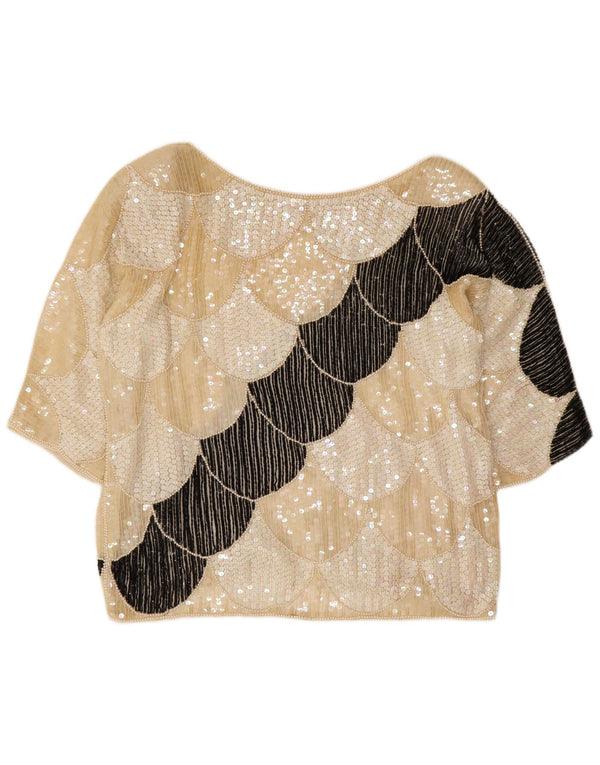 Vintage Damen 3/4 Ärmel Bluse Top UK 16 Large Beige Geometrisch