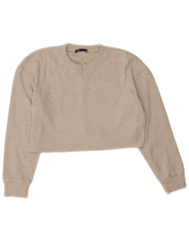 Zara Damen Crop Oversized Sweatshirt Pullover UK 14 Mittelgraues Polyester