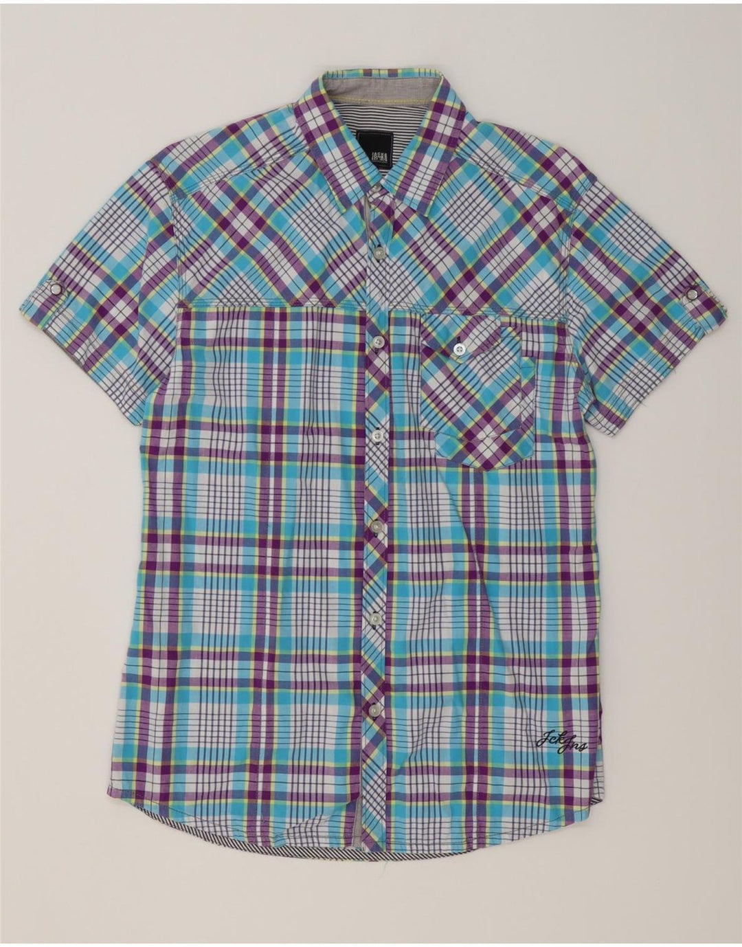 JACK & JONES Herren-Kurzarmhemd aus mittelblau karierter Baumwolle