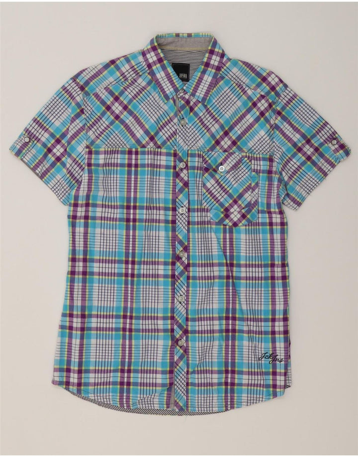 JACK & JONES Herren-Kurzarmhemd aus mittelblau karierter Baumwolle