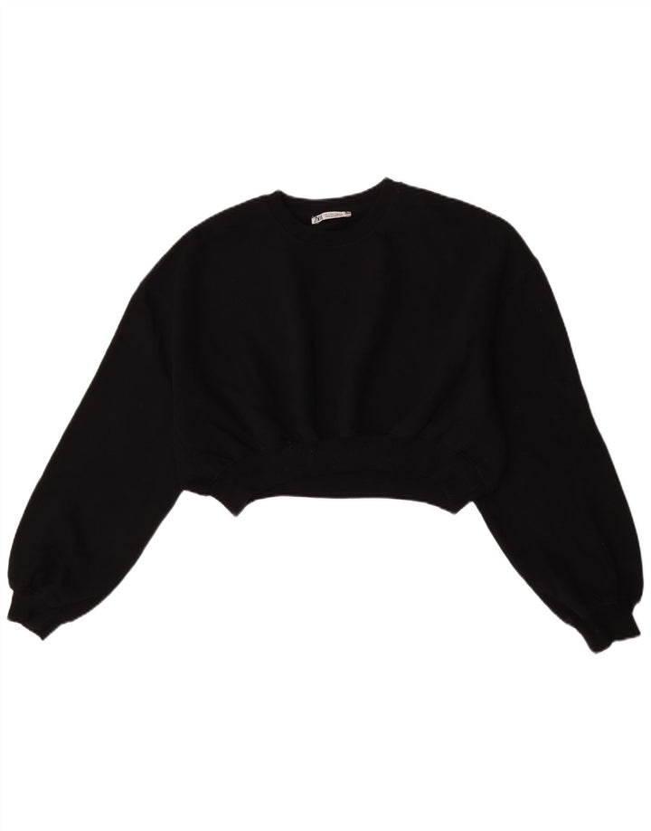 Zara Damen Crop Oversized Sweatshirt Pullover UK 10 Small Schwarz Baumwolle