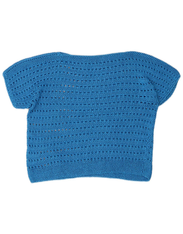 Vintage Damen Kurzärmeliger Pullover mit U-Boot-Ausschnitt UK 14 Mittelblau