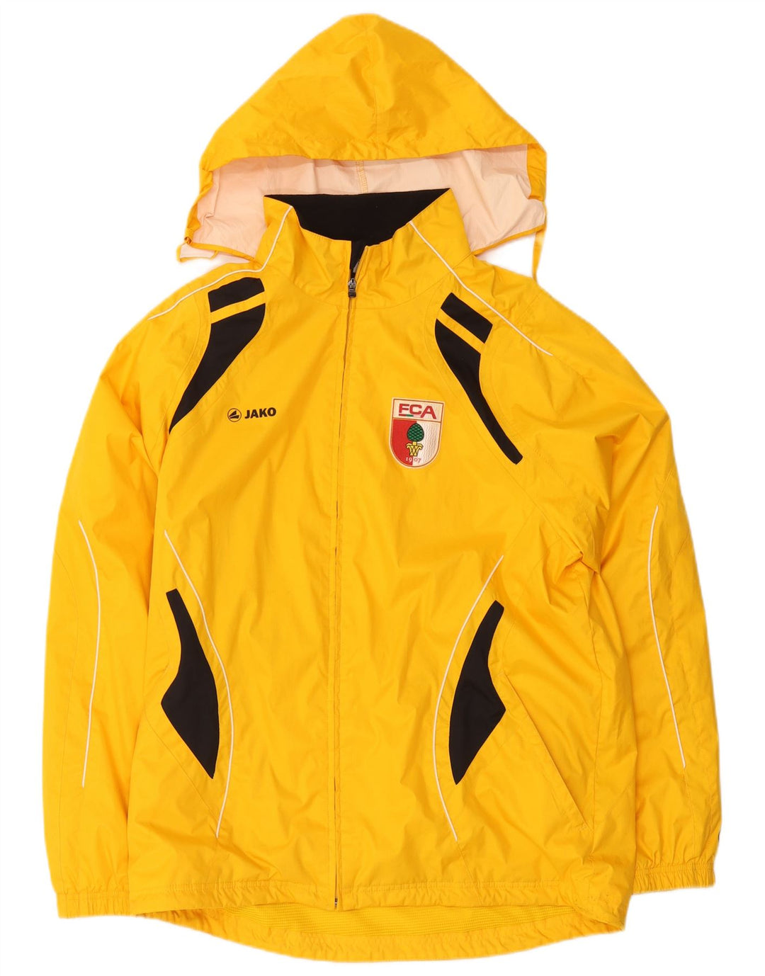 Jako Herren-Regenjacke mit grafischer Kapuze, UK 38, Mittelgelb, Farbblock