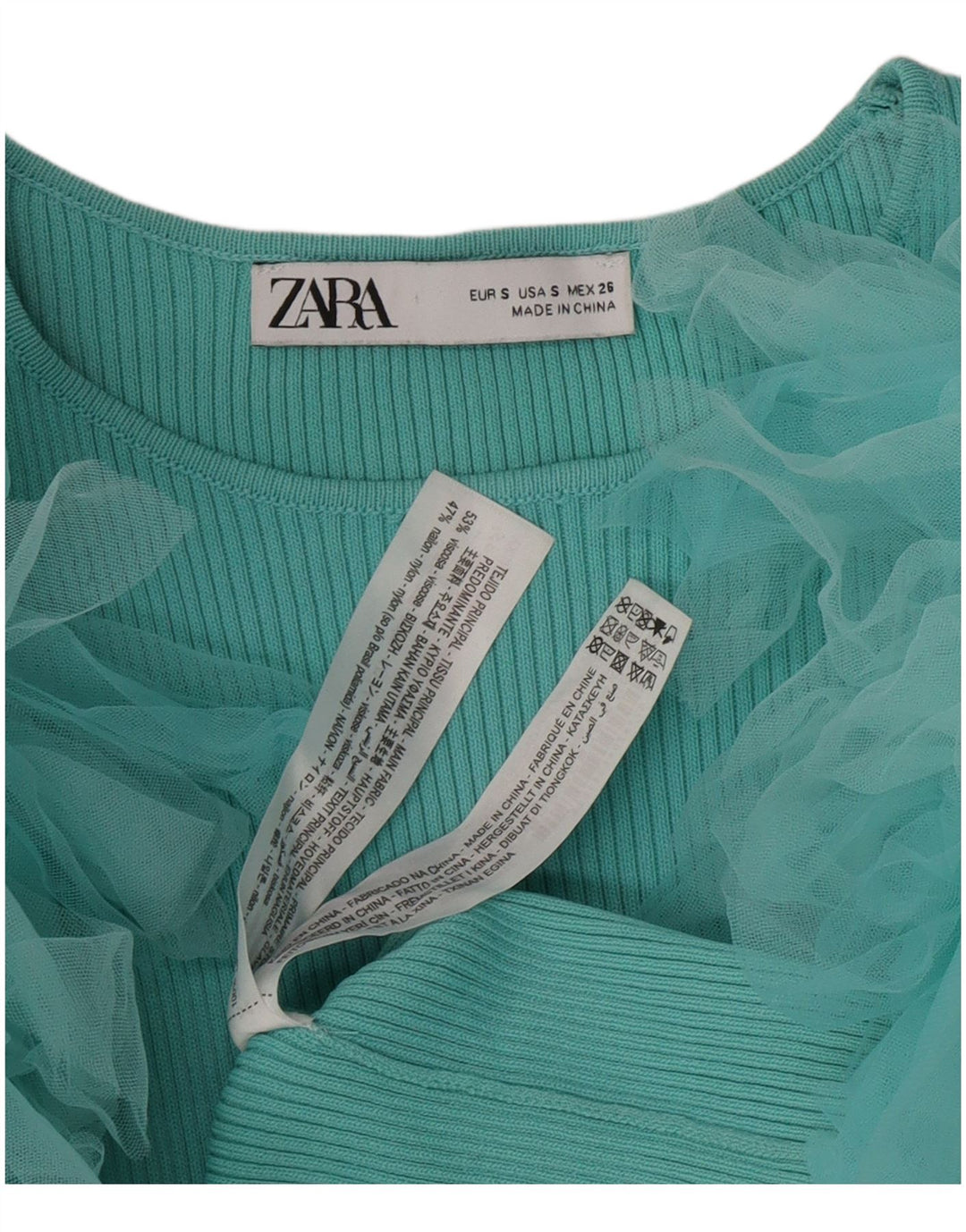 Zara Damen Crop Bluse Top UK 8 Small Türkis Viskose