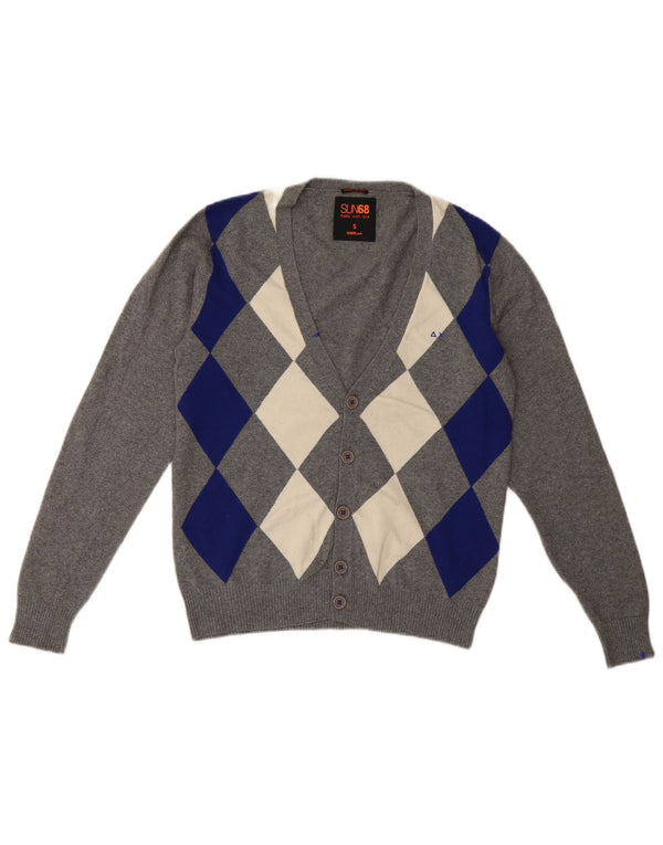 Sun68 Herren-Strickjacke, klein, graue Argyle-/Diamant-Baumwolle