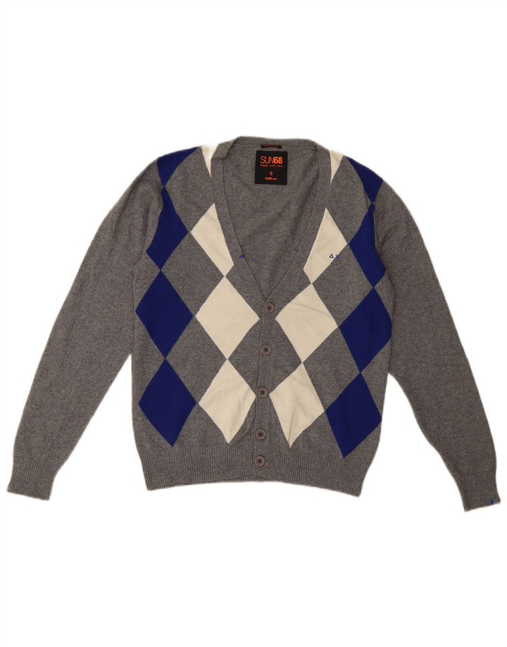 Sun68 Herren-Strickjacke, klein, graue Argyle-/Diamant-Baumwolle