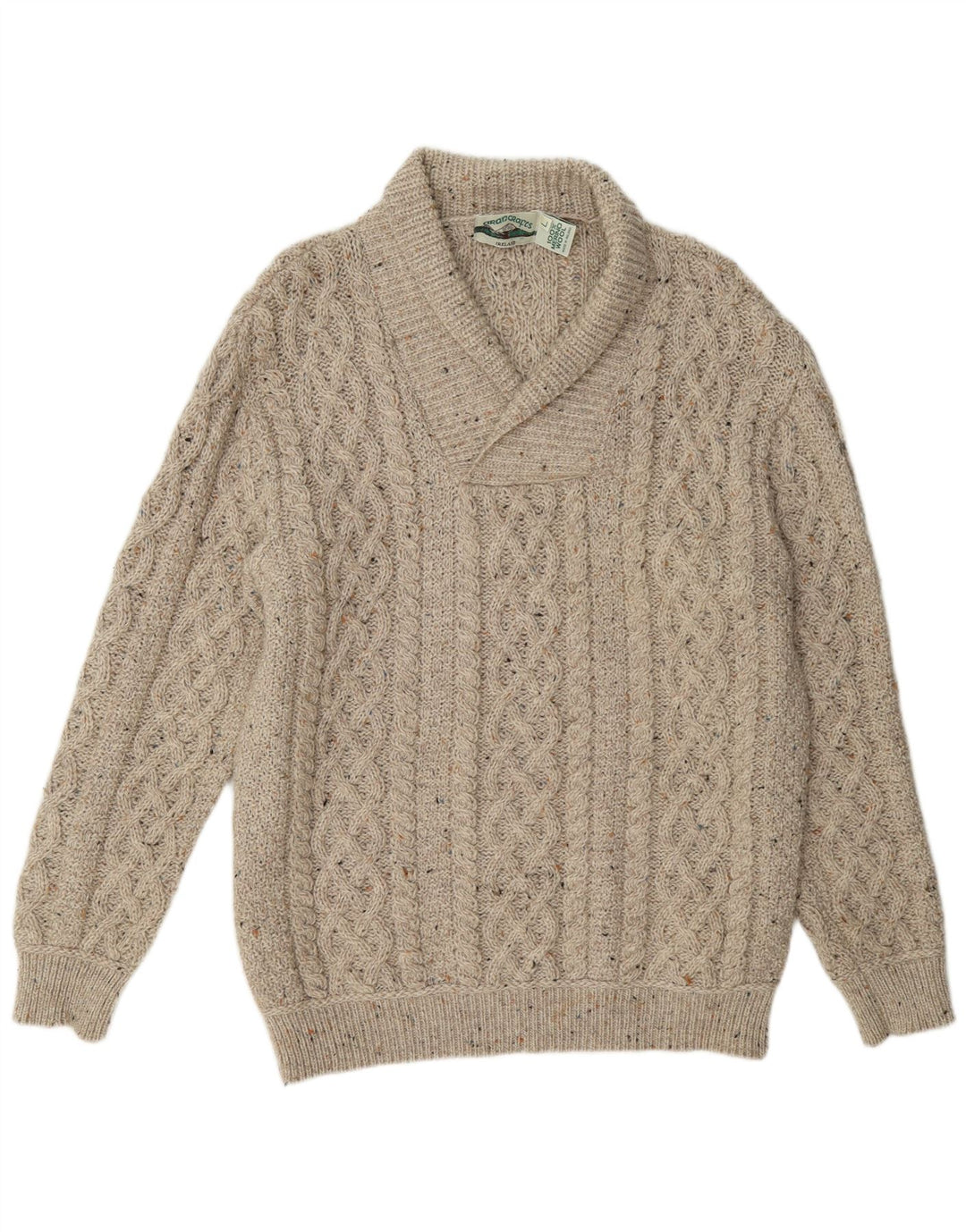 Aran Crafts Herren-Pullover mit Schalkragen, groß, beige gesprenkelte Wolle