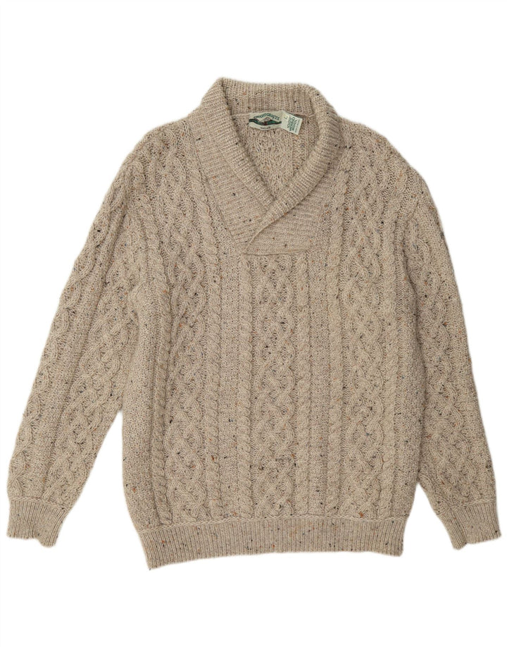 Aran Crafts Herren-Pullover mit Schalkragen, groß, beige gesprenkelte Wolle