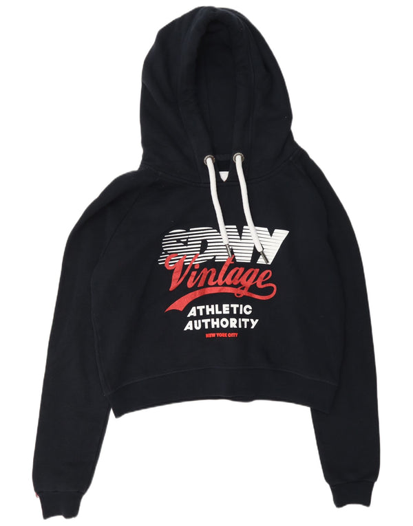 Superdry Womens Crop Graphic Hoodie Jumper UK 14 Large Navy Blue Cotton