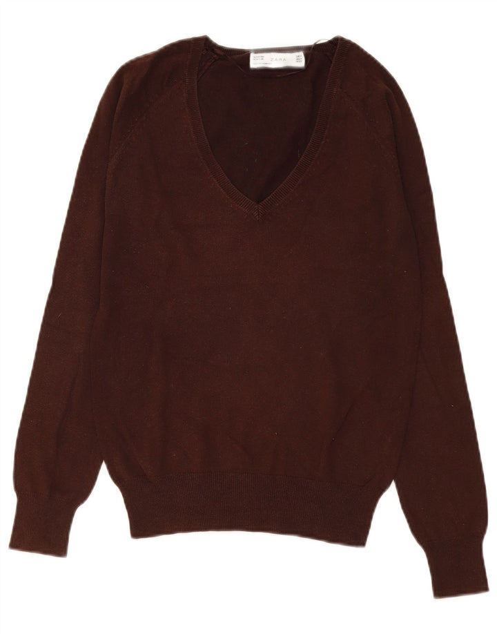 Zara Damen-Pullover mit V-Ausschnitt, UK 12, mittelbraune Baumwolle
