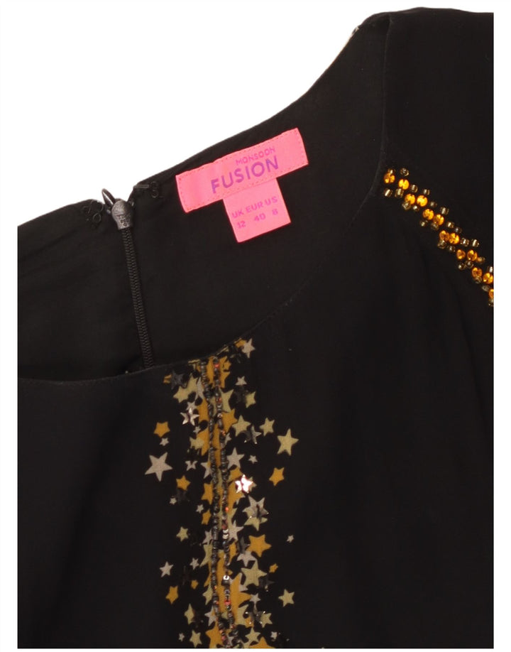 MONSOON Damen-Kleid mit abstraktem Muster, 3/4-Ärmel, A-Linie, Gr. 12, Mittelschwarz