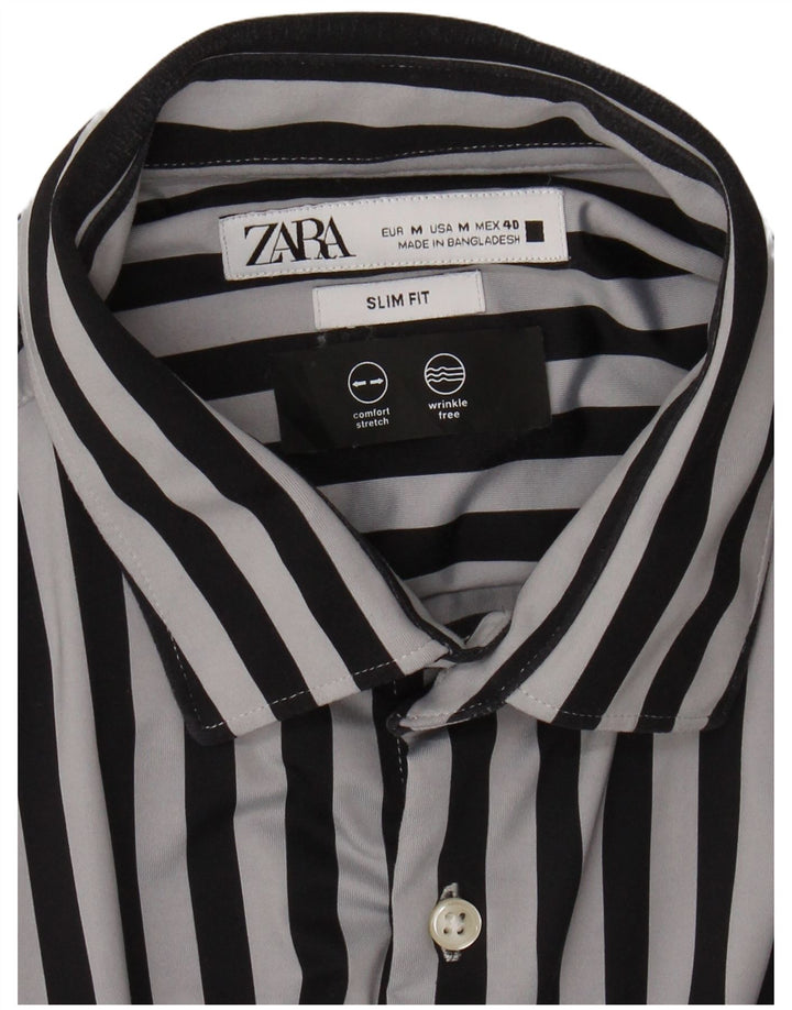 ZARA Mens Slim Fit Shirt Medium Black Striped Polyamide