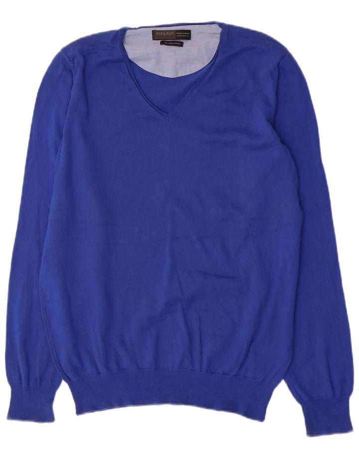 Zara Herren-Pullover mit V-Ausschnitt, mittelblaue Baumwolle