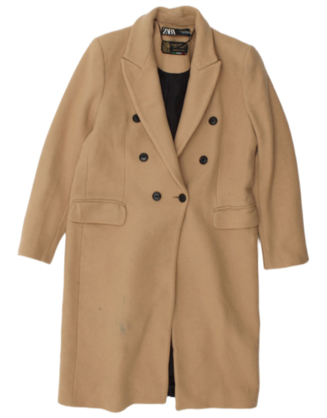 Zweireihiger Damenmantel von Zara, UK 14, mittelbeigefarbenes Polyester