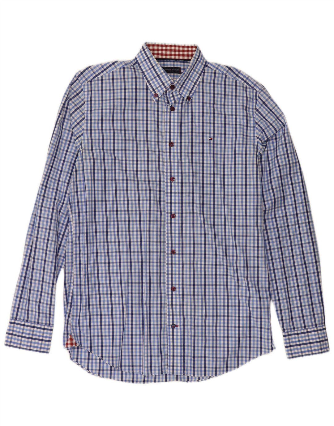 Tommy Hilfiger Herrenhemd Größe 39 15 1/2 mittelblau karierte Baumwolle