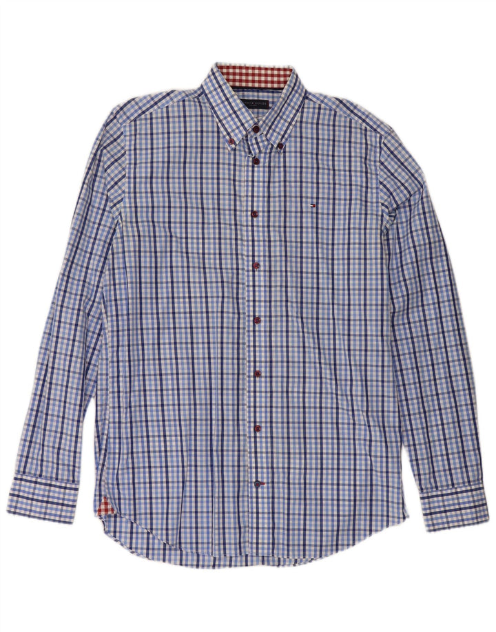 Tommy Hilfiger Herrenhemd Größe 39 15 1/2 mittelblau karierte Baumwolle