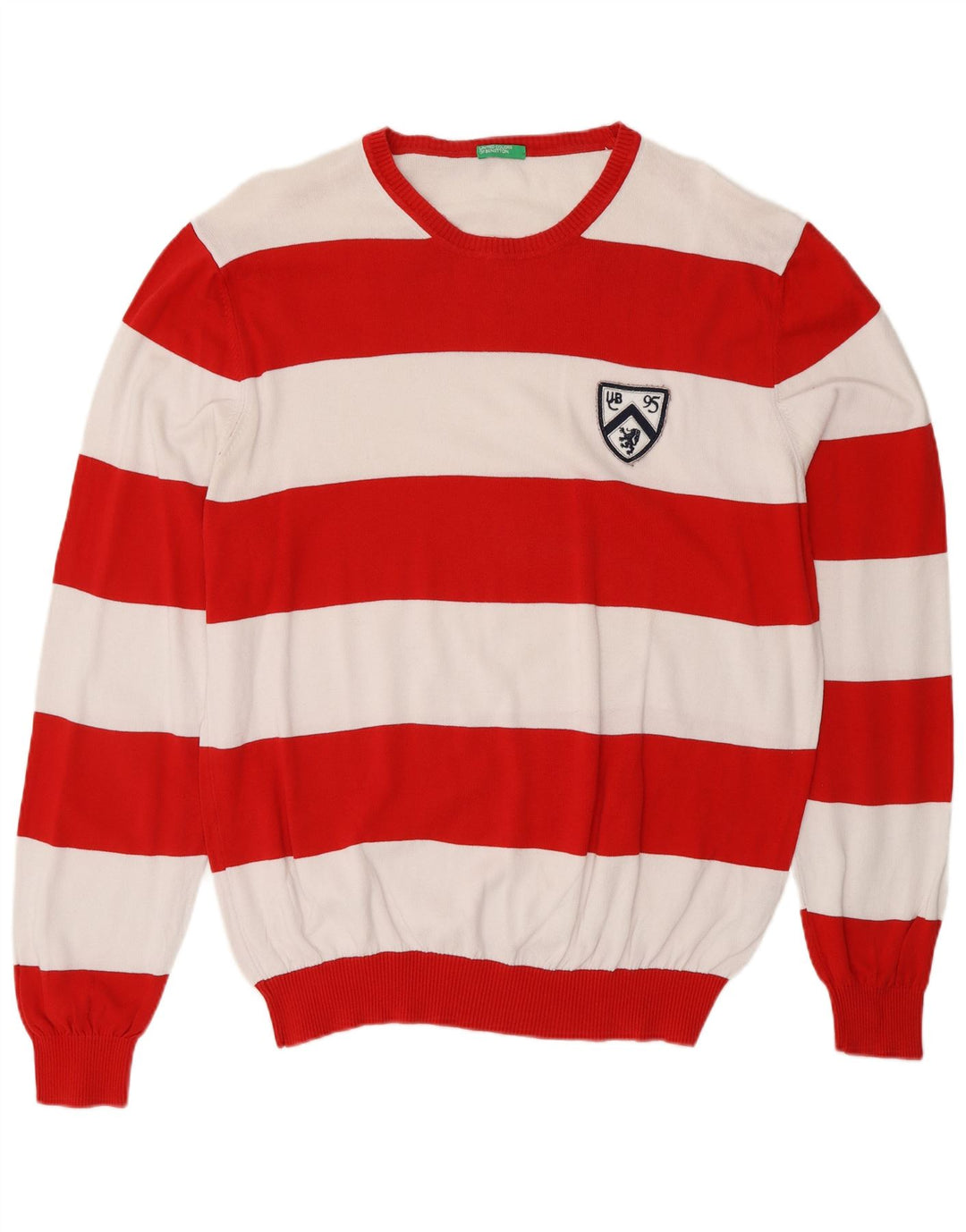 BENETTON Herren-Pullover mit Rundhalsausschnitt, XL, rot gestreift, Baumwolle