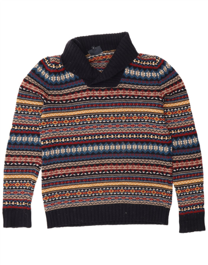 John Lewis Herren-Pullover mit Schalkragen, mittleres Marineblau, Fair Isle-Muster