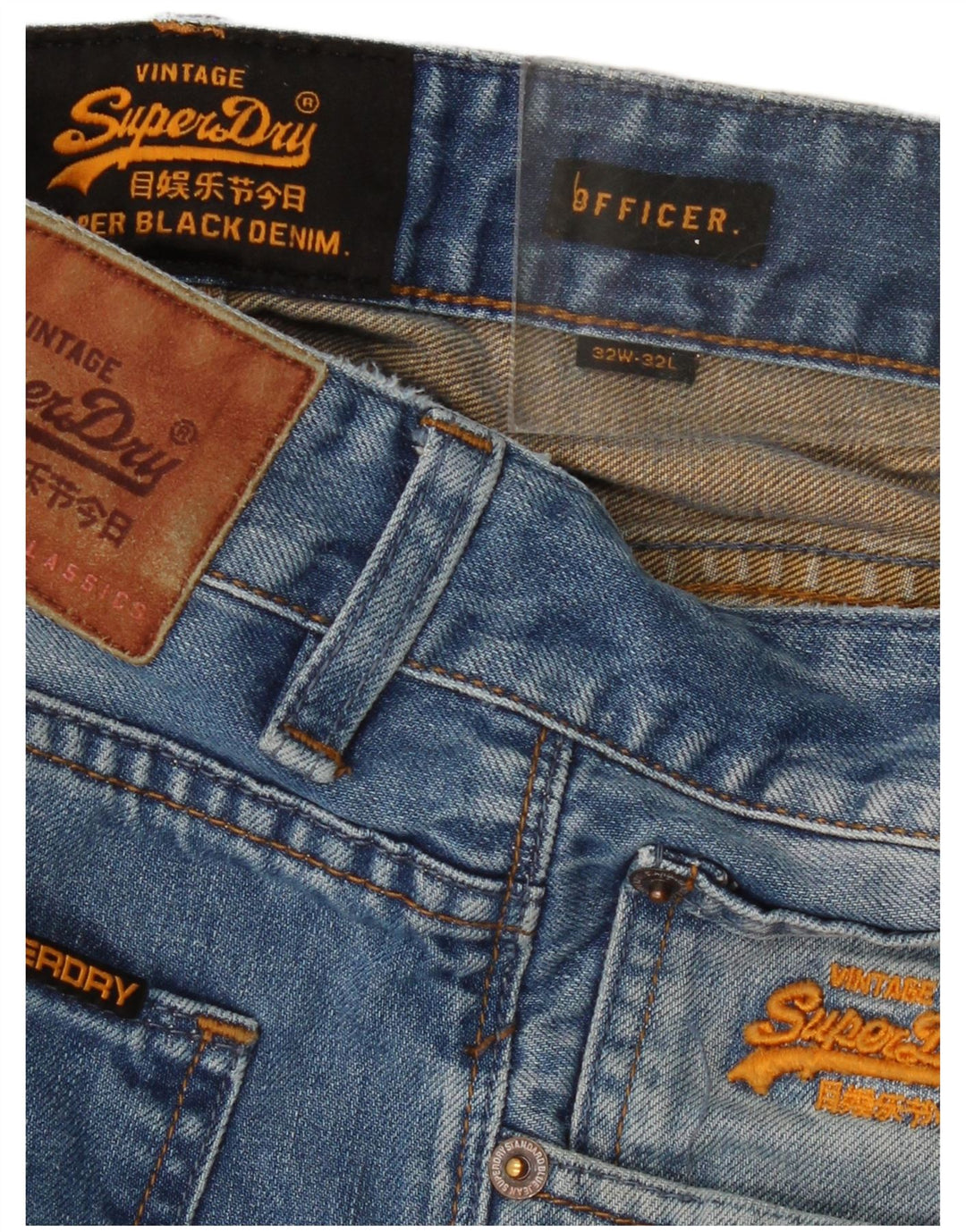 SUPERDRY Damen Officer Straight Jeans W32 L32 Blaue Baumwolle