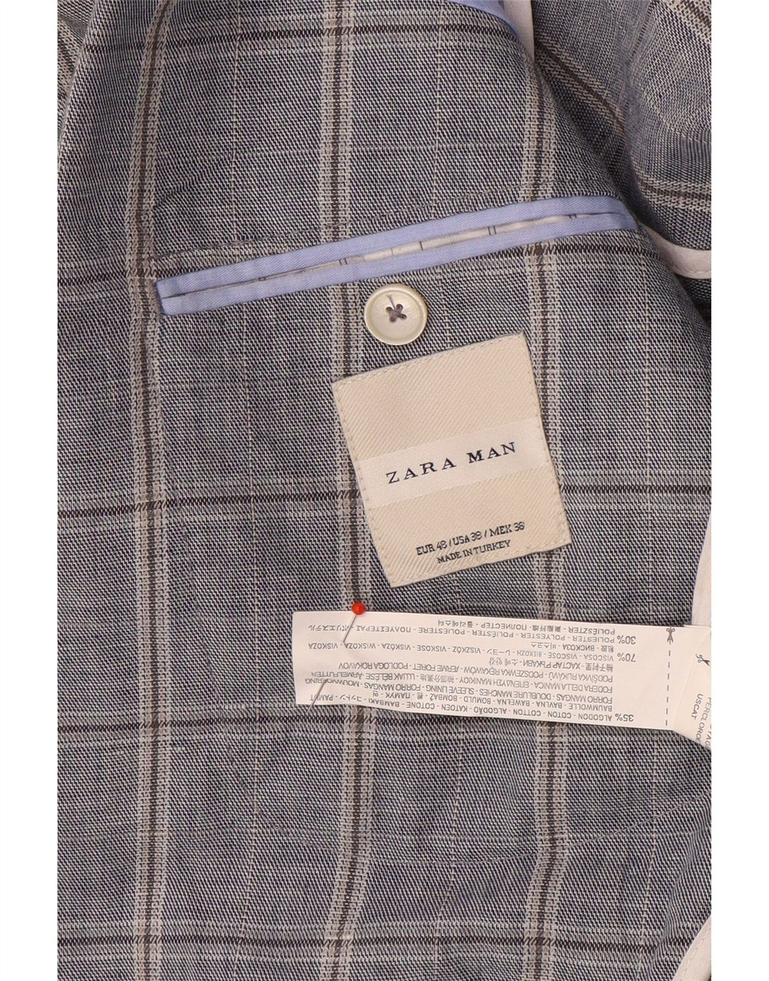 Zweireihiger Herren-Blazer von Zara, EU 48, mittelblau, kariert, Baumwolle
