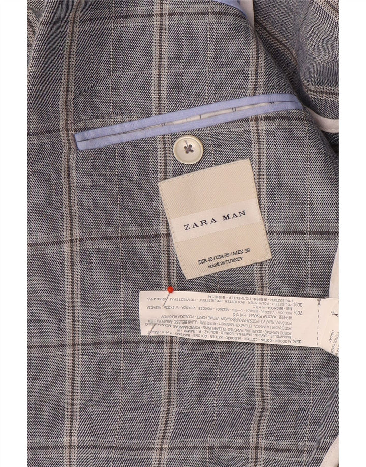 Zweireihiger Herren-Blazer von Zara, EU 48, mittelblau, kariert, Baumwolle