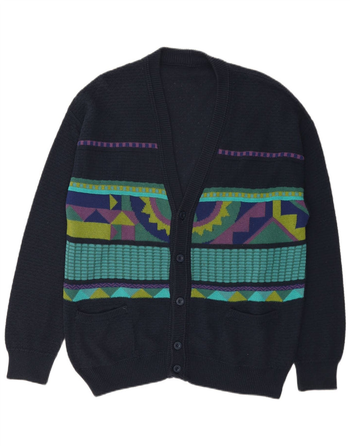 Vintage Herren Cardigan Pullover Große marineblaue geometrische Baumwolle