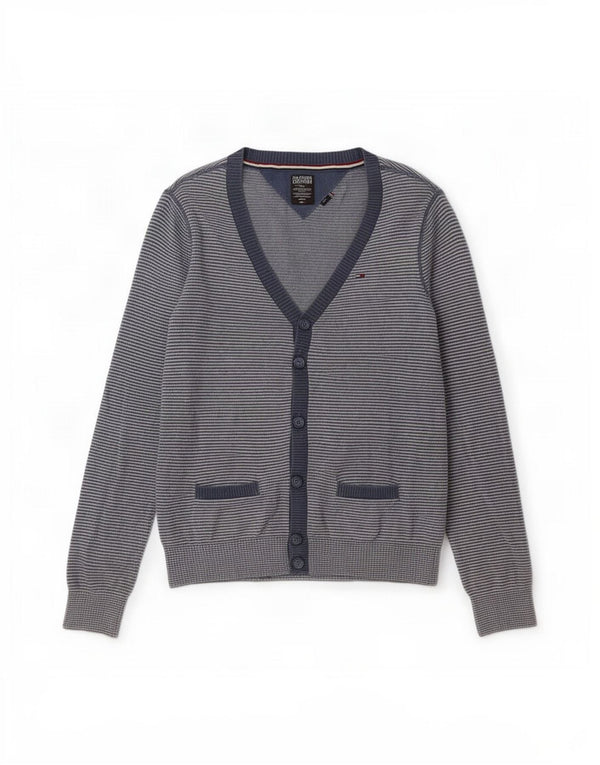Tommy Hilfiger Mens Cardigan Sweater Small Navy Blue Pinstripe Cotton