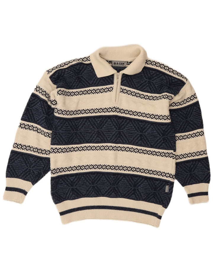 VINTAGE Herren-Polo-Pullover aus mittelblauer Fair-Isle-Baumwolle