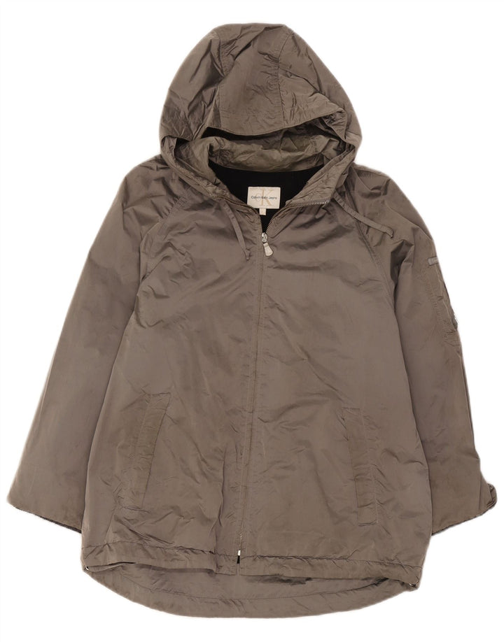 Calvin Klein Damen-Windbreakerjacke mit Kapuze, UK 16, großes graues Polyamid