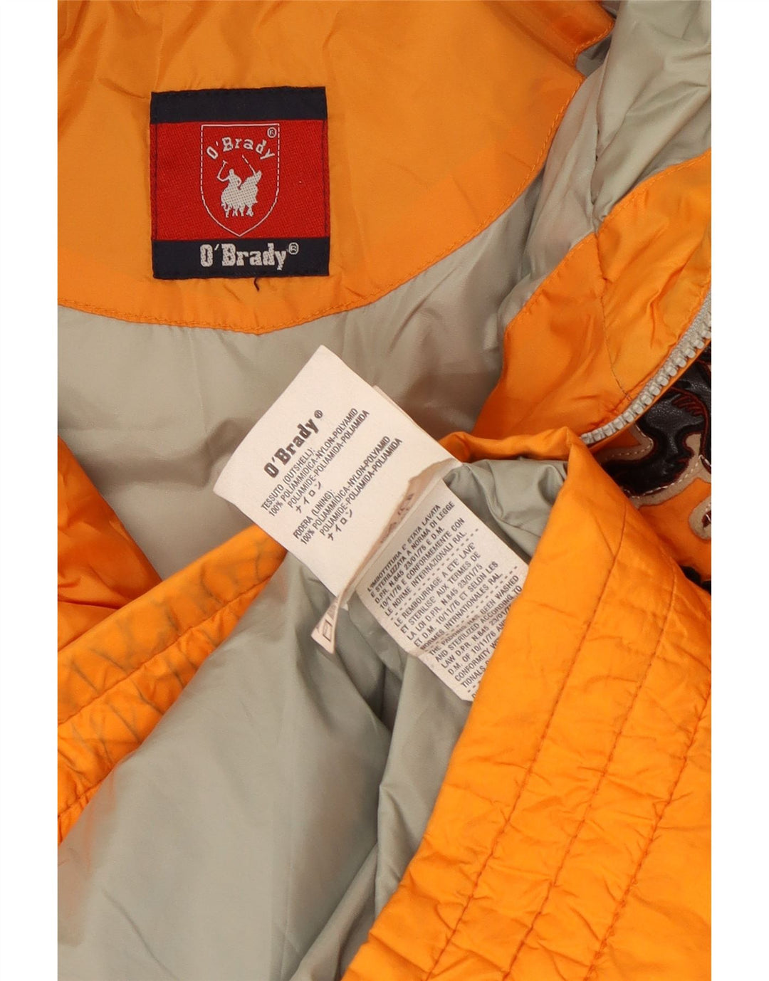 Wattierte Vintage-Herrenjacke mit grafischer Kapuze, UK 42, XL, Orange, Polyester